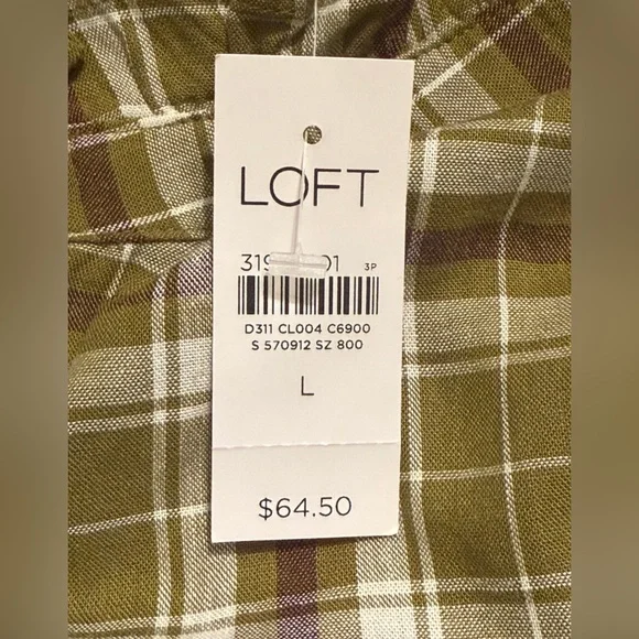 NWT LOFT Olive Plaid Long Sleeve Ruffled Blouse Size Large - Picture 8 of 9